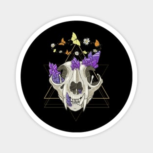 Cat Skull with Crystals, Butterflies, and Geometric Accents on Black Magnet